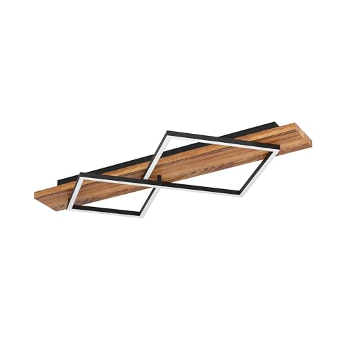 Eglo LED Ceiling Light Fixture Boyal, Flush Wooden lamp with 2 Squares, Living Room Lighting Made of Rustic Wood and Black Metal, FSC-Certified, Warm White, 78 cm