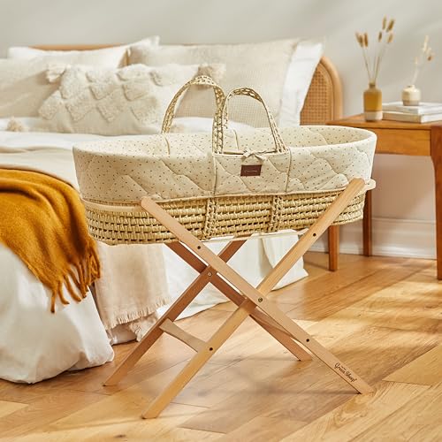 The Little Green Sheep Natural Quilted Moses Basket, Mattress & Stand, Linen Rice Print,FNB010H