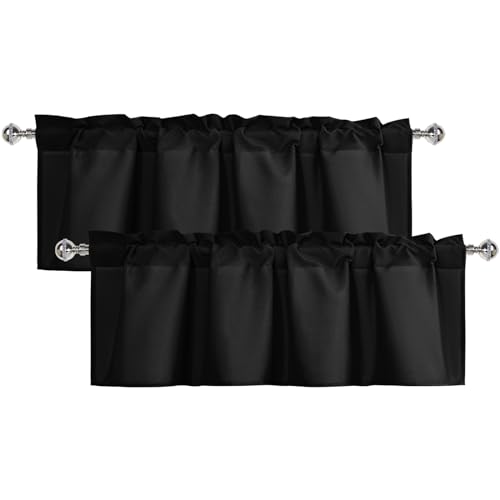 XWZO 2 Pieces Kitchen Valances Curtains for Windows Living Room Bedroom Bathroom Toppers Farmhouse Style Rustic Blackout Thermal Insulated Rod Pocket, W42 x L12 Inch Length, Black, 2 Pieces.
