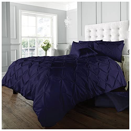 GC GAVENO CAVAILIA Pinch Pleat Duvet Cover Sets, Pintuck Bedding Set With Matching Pillowcases, Super King Bed Set Navy