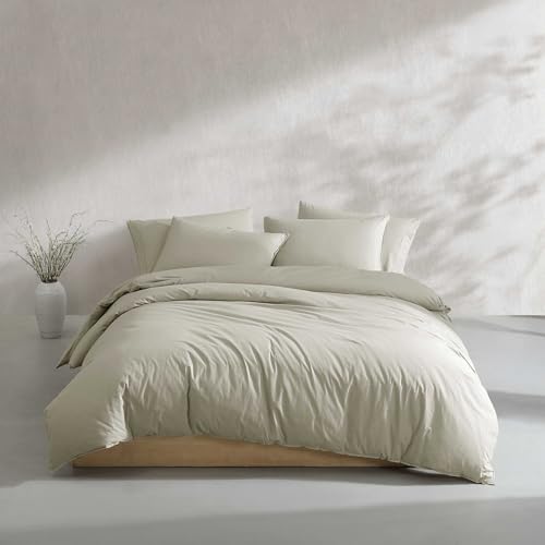 Calvin Klein - Queen Duvet Cover Set, Relaxed Garment Washed Cotton Percale Bedding with Shams, Button & Corner Tie Closure, Oeko-Tex Certified (Modern Cotton Washed Percale Green)