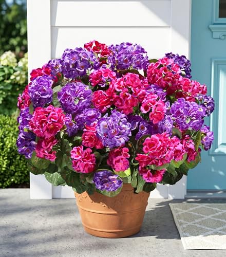 Fake Geraniums Artificial Flowers for Outdoors, 6 Bundles Silk Geraniums Flowers Realistic UV Resistant Fake Plants Faux Flowers for Outside Planters Front Door Garden Balcony Yard Porch Indoor, Mix