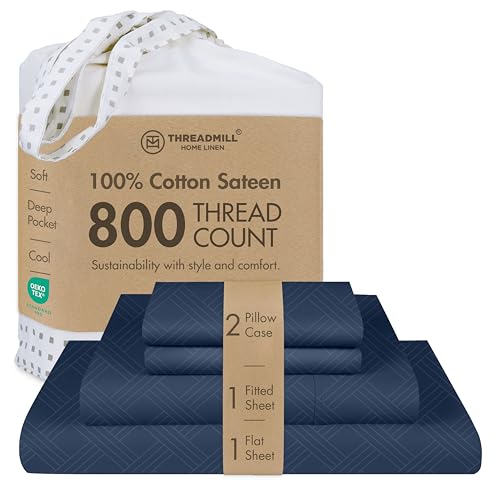 Threadmill Queen Sheet Set for Queen Mattresses - 800 Thread Count Jacquard Celine Folkstone Blue - Better Than Egyptian Cotton - 4 Pc Bed Sheets - Elasticized Deep Pocket - 100% Cotton Queen Sheets