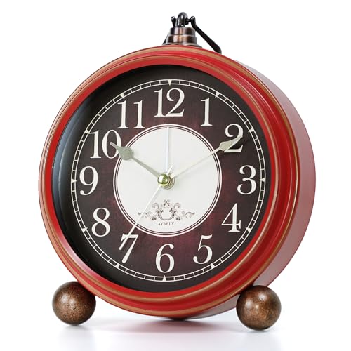 AYRELY Small Battery Operated Antique Retro Analog Alarm Clock for Room Decor, Silent Elegant Bedside Desk Table Gift Clock (Red-Black)
