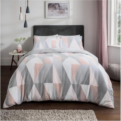 Sleepdown Geometric Teddy Fleece Thermal Warm Cosy Super Soft Duvet Cover Quilt Bedding Set with Pillow Cases - Blush Pink - Double (200 cm x 200 cm)