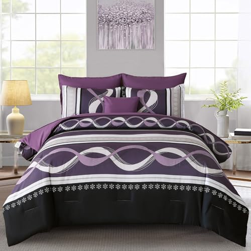 "Anibedding Purple Comforter Set Full Size,8 Pieces Bed in a Bag Patchwork Striped Bedding Sets,Boho Soft Microfiber Bedding Set for All Season(78""??90"")"