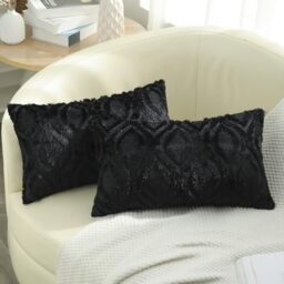 decorUhome Set of 2 Faux Fur Cushion Covers 30x50 cm, Decorative Soft Plush Fluffy Velvet Cushion Cover 12X20 Inch, Rectangle Boho Neutral Pillow Case for Sofa, Black