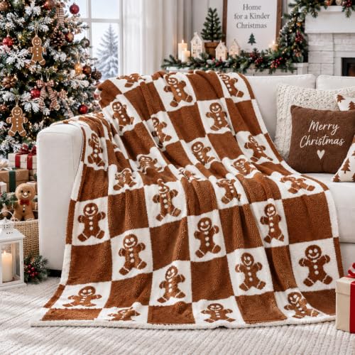 Buryeah Christmas Gingerbread Man Knit Throw Blanket, 50 x 60 Inch Xmas Reversible Knitted Throw Blanket, Cozy Lightweight Soft Gift for Couch Sofa Bed