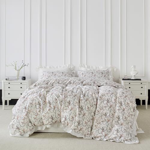 YuHeGuoJi White Floral Ruffle Duvet Cover Queen 100% Cotton 3 Pieces Set - Include 1 Fall Rust Floral Duvet Cover with Zipper Ties, 2 Pillow Shams, Burnt Orange Plant, Boho Flower, White Ruffle Bed
