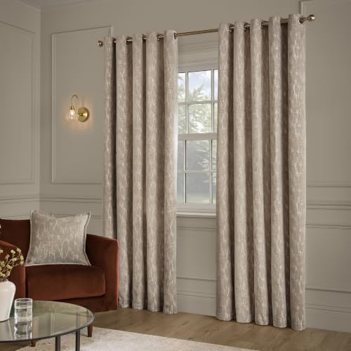 Paoletti Aurelio Eyelet Curtain Pair (Mink - 117x137cm) - Woven Jacquard Chenille Soft Texture Abstract Room Darkening Lined Curtains