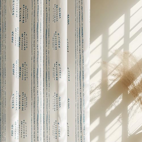 ugoutry 100% Blue Boho Blackout Curtains 72 Inch Farmhouse Grommet 2 Panels - Geometric Striped Patterned, Farmhouse Drapes, Blue on Beige, Thermal Insulated, Room Darkening, for Living Room, Grommet