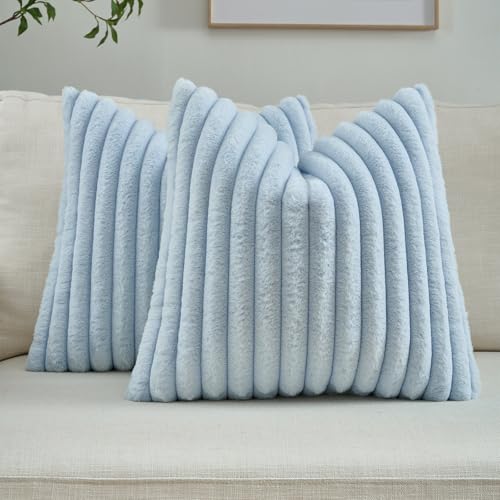 FUTEI Pack of 2 Fluffy Faux Fur Throw Pillow Covers 18x18 Inch Elegant Striped Textured Decorative Cushion Cases Modern Accent Pillow for Couch Bed Living Room, Light Blue
