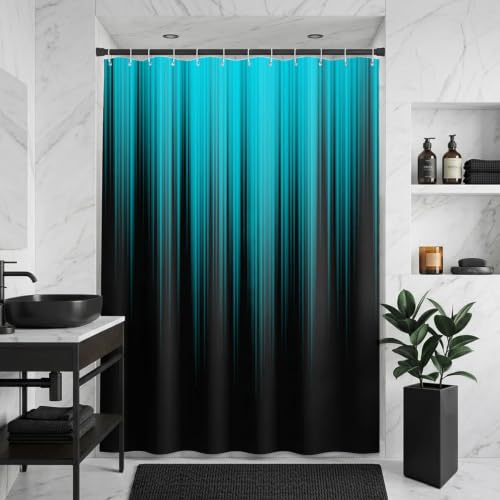 AAtter Teal and Black Shower Curtain, Modern Ombre, 60x72 Inch, 12 Hooks - Turquoise Striped Polyester Fabric, Dark Abstract Trendy Style, Cool Anime Design, Gradient Bathroom Decor for Men