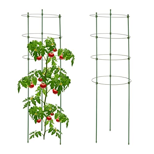 Relaxdays Garden Trellis Set of 2, Metal & Plastic, Hx??: 91x28 cm, 4 Adjustable Rings, Tomatoes & Climbing Plants, Green