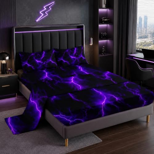 "Nttopship Purple Lightning Print 4 Pieces Bed Sheet Sets Twin Size Purple LightLight Bedding Sets with 16"" Deep Pockets Lightning Bedroom Decor,Bedding Set 4 PCS(1 Fitted+1 Flat+2 Pillowcases)"