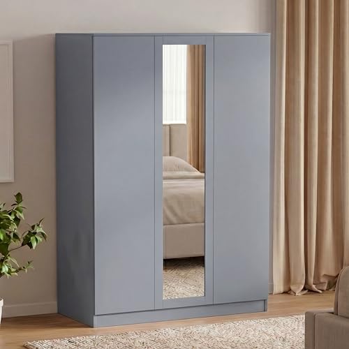 Vida Designs Denver 3 Door Mirrored Wardrobe - Grey - 170H x 116W x 54D cm - Modern Bedroom Furniture - With Storage Shelf & Hanging Rail - Large Capacity Storage