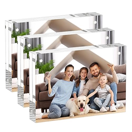 AITEE 3.5x5 Acrylic Picture Frames 3 Pack, 20% Thicker Block, Clear Picture Frames Freestanding Double Sided Magnetic Acrylic Lucite Frameless Transparent Square Frame Gift for Desktop Display