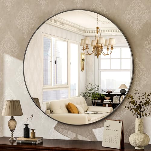 "HARRITPURE 24"" Round Mirror Bathroom Mirror Wall Mounted Vanity Mirror with Brushed Metal Frame Modern Home Decoration for Bathroom, Living Room, Vanity, Bedroom, Entryway,Black"