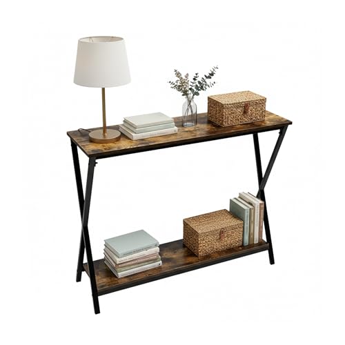 Relaxdays console table, HxWxD: 80 x 100 x 30 cm, metal, MDF, narrow hallway console, 2 shelves, brown/black