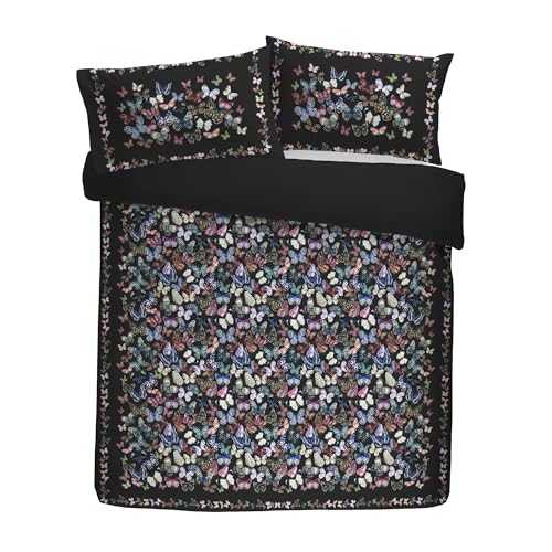 Soiree Papillon Velvet Duvet Cover Set, 100% Recycled Polyester, Super-King 260x220cm, Charcoal, Butterfly Pattern with Border Detail, 2 Pillowcases