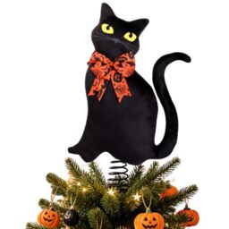 Black Cats Christmas Tree Topper with Stand and Changeable Bows Halloween Xmas Tree Ornament Winter Holidays Home Decorations Cat Lovers Gift Ideas