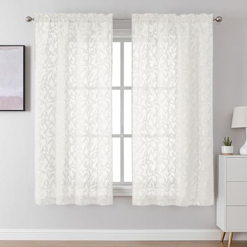 "Lecloud Leia Ivory Sheer Curtains 63 Inch Length 2 Panels, Rustic Light Filtering Privacy Voile Leaf Aesthetic Curtain, Dual Rod Pockets Drapes for Living Room Dining Room, Each 42"" W x 63"" L"