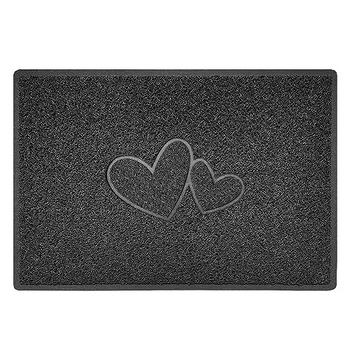 Nicoman Double Heart Embossed Shape Door Mat Dirt Trapper PVC Spaghetti Mat Washable Quick Drying Barrier Doormat-Dark Grey (Drainage Open-Back)-Large (90x60cm)