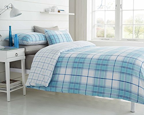 De Cama Aqua Blue Checked King Size Duvet Cover Bed Set Polycotton, Polyester-Cotton