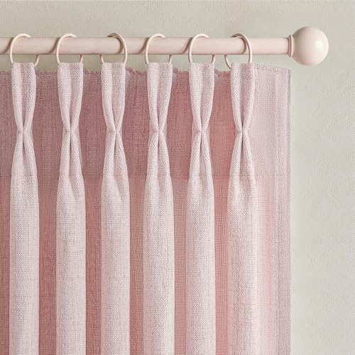 Pretty Light Pink Semi Sheer Curtains 96 Inches Long for Living Room 2 Panels Set, Memory Shaped Pinch Pleated 8 FT Faux Linen Light-Filtering Nursery Curtain Back Tab Elegent Window Drapes W40 x L96