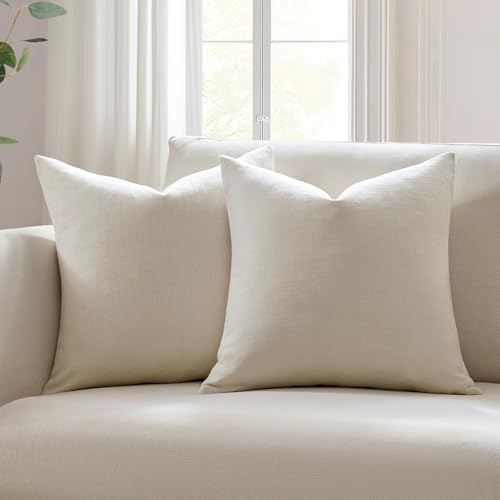 Meekio Set of 2 Ivory Pillow Covers 18 x 18 Inch Farmhouse Boho Decorative Throw Pillow Covers Linen Cushion Covers for Sofa Couch Décor