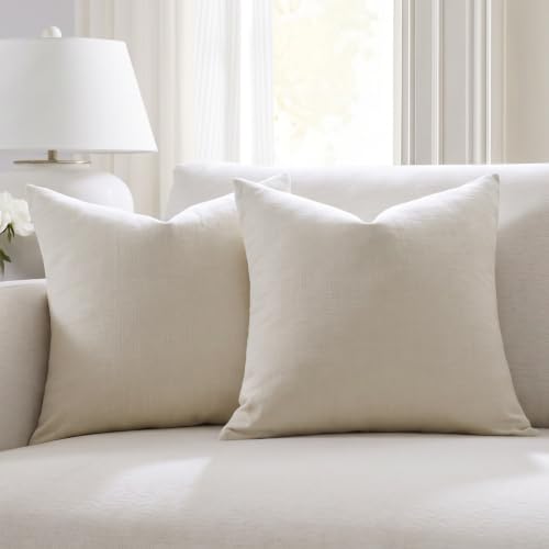 Meekio Set of 2 Ivory Pillow Covers 18 x 18 Inch Farmhouse Boho Decorative Throw Pillow Covers Linen Cushion Covers for Sofa Couch Décor