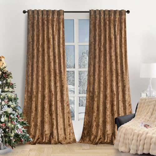 "gisewood Lux Caramel Gold Crushed Velvet Curtains 2 Panel Set - 96 inches Long Room Darkening Luxury Distressed Velvet Rod Pocket Window Drapes for Living Room Bedroom 52"" W x 96"" L"