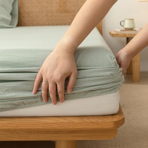 BESTOUCH King Fitted Bottom Sheet???Breathable 100% Washed Cotton Linen-Like - 16-19 Inch Deep Pocket Fits Mattress - Fade Resistant Soft Comfy Durable Easy Care
