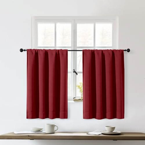 OWENIE Sally Red Kitchen Curtains 36 Inch Length 2 Panels Set, Half Window Rod Pocket Privacy Room Darkening Blackout Curtain Tiers for Kitchen Bathroom, 2 Pcs Each W40 x L36 Inch