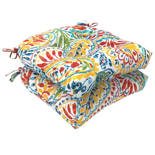 LVTXIII Outdoor/Indoor Tufted Seat Cushion, Decorative Wicker Chair Pads All Weather Seat Cushion Sets for Patio Garden Home Office Furniture, 19”x19”x5”, Round Back, Pack of 2, Paisley Multi