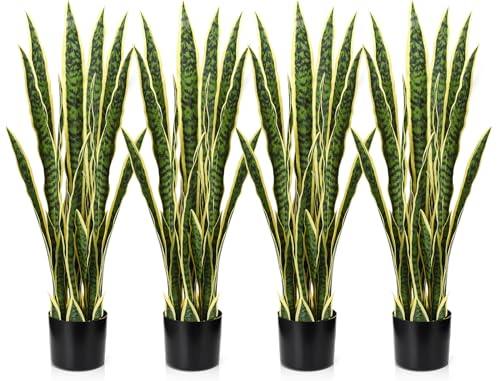 Crowye 4 Pack Tall Artificial Snake Plant Faux Sansevieria Plant Large Fake Snake Bulk in Pot for Home Office Housewarming Gift (3.15 ft)