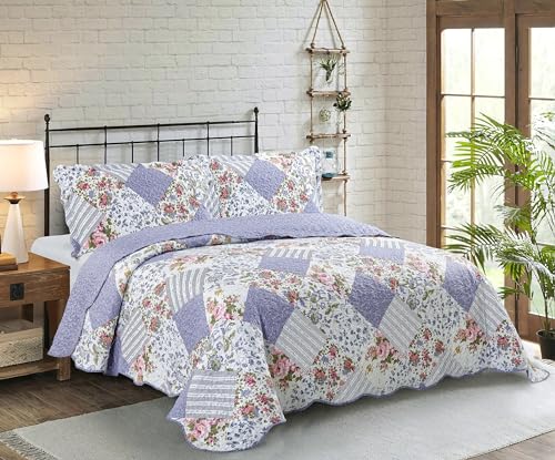 Sol Brillante Pink Violet Patchwork Quilt Set 3 Piece with 2 Shams - Reversible Bedspread Soft and Lightweight for All Season King (270x235cm), Pink Violet