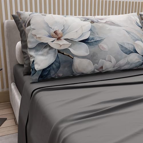 PETTI Artigiani Italiani - Cotton Sheets with Pillowcases in Digital Print, Single Sheet, Floral Pattern 14 Dark Grey, 100% Made in Italy