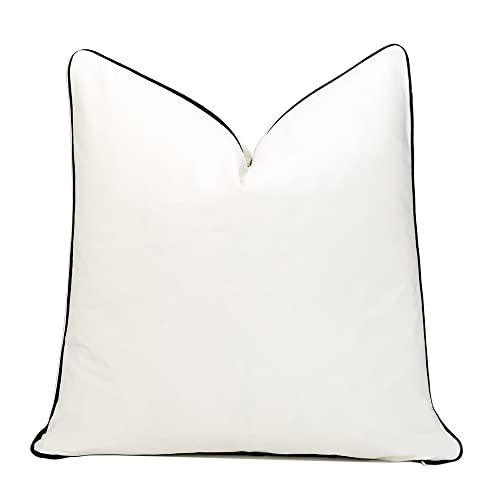 THE-TINOART 22x22inches Square Solid White Black Velvet Throw Pillow Covers Soft Decorative Cushion Covers Pillowcases for Sofa Couch Bed Cream White with Black Piping 1Piece