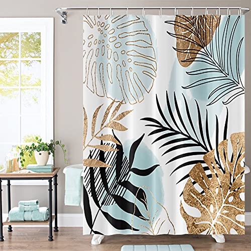 Umpoo Abstract Mid Century Shower Curtain 48Wx72H Boho Geometric Light Blue Black Golden Leaves Minimalist Aesthetic Modern Art Fabric Waterproof Home Bathroom Decor 8 Plastic Hooks