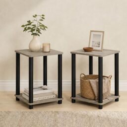 Furinno Turn-N-Tube Toolless Assembly Side Table Set of 2, Stackable 2-Tier Grey End Table with Open Shelf, Night Stand, Bedside Table, for Living Room, Bedroom, Grey Oak