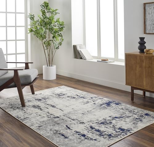 Livabliss Josefa Kyoto Abstract Marble Style Floor Covering 152x213 cm – Modern Design for Living Room, Dining & Bedroom, Soft Medium Pile, Dark Blue, Grey & Charcoal
