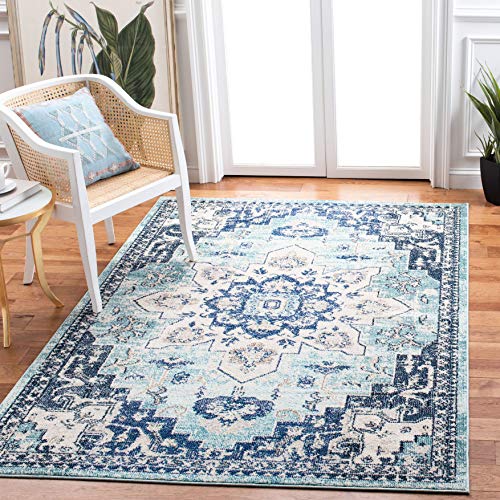 Safavieh Boho Rug for Living Room, Dining Room, Bedroom - Madison Collection, Short Pile, in Teal and Navy, 160 x 160 cm