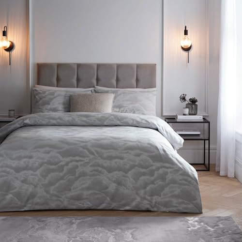 Paoletti Ellora Duvet Cover Set – Luxury Jacquard Cloud Textured Bedding (Silver – King)
