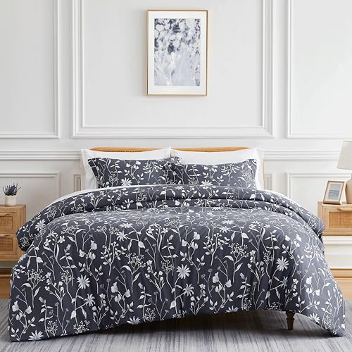 Southshore Fine Living, Inc. 3-Piece Full/Queen Size Comforter Set, Down Alternative All-Season Floral Comforter with Matching Shams, Soft Microfiber Bedspread, Full or Queen Bed, Secret Meadow Blue