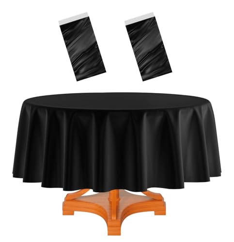 HEIPINIUYE 2 Pack Black Round Tablecloth 84 Inch Round Plastic Table Cloth Waterproof Disposable Round Table Cover for Party Birthday Camping Picnic Baby Shower
