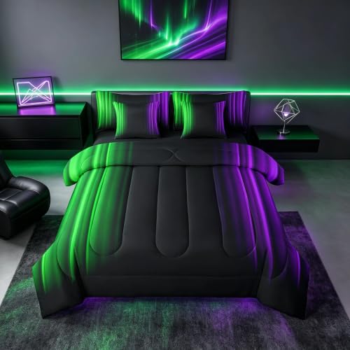 Feelyou Teens Abstract Ombre Decorations Bed in a Bag for Kids Women Green Purple and Black Comforter Set with Sheets Geometric Modern Bed Set Room Queen Size