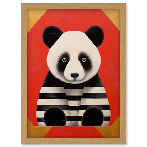 Artery8 Panda with Stripes Fun Kids Bedroom Baby Nursery Bright Bold Artwork Red Black White Artwork Framed Wall Art Print A4