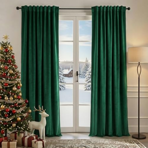 Nemia Emerald Green Velvet Curtains Thermal Insulated Blackout Curtain for Bedroom Window Living Room Darkening Luxury Vintage 90 Inches Long Heavy Drapes Panels Back Tab Set of 2
