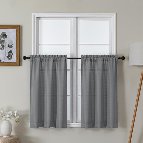 Lecloud Bessie Dark Grey Kitchen Curtains 36 Inch Length 2 Panels Set, Faux Linen Textured Curtain Tiers, Light-Filtering Window Short Curtains for Basement Dining Room, Each 30 W x 36 L